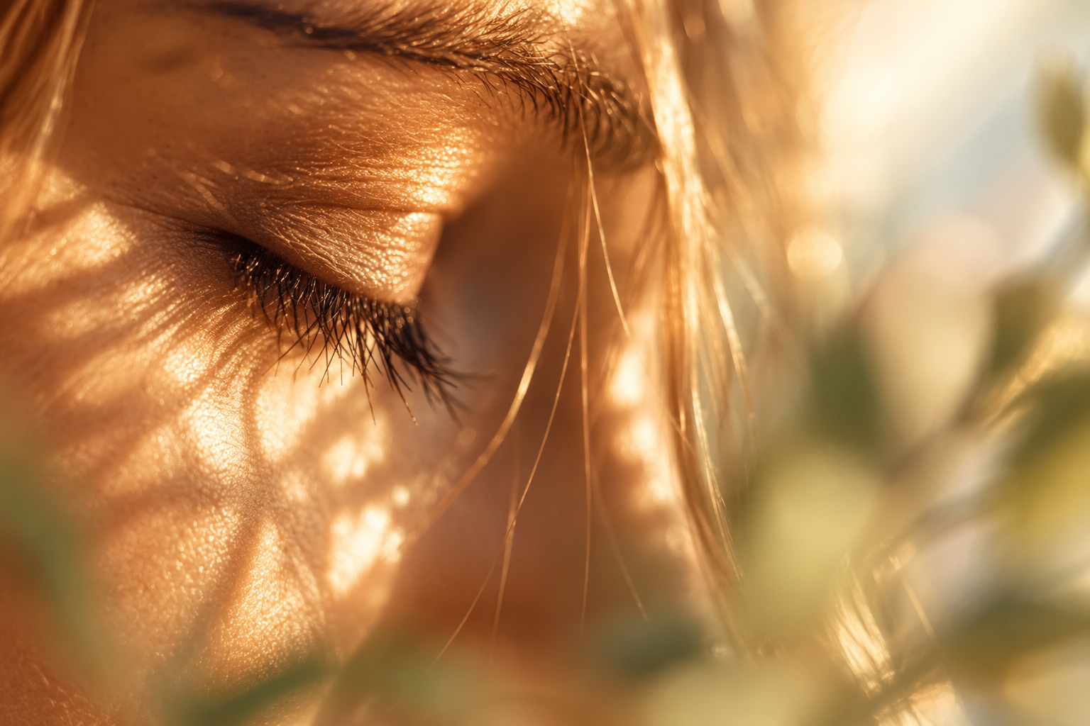 Close-up of a person's closed eye with sunlight reflecting on the skin, surrounded by hair and some blurred plant elements.