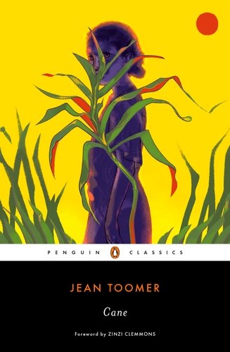 Book cover of 'Cane' by Jean Toomer, featuring a silhouette of a person with a lion's head, surrounded by tall grass, a red sun, and a yellow background.
