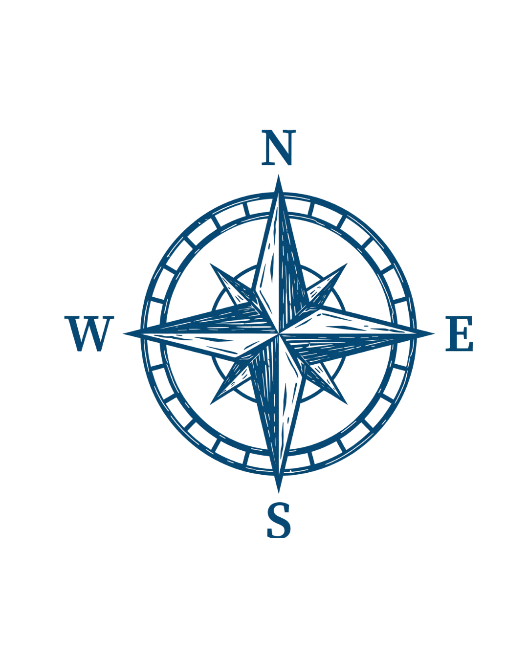 Blue compass rose on black background with North, South, East, and West labels