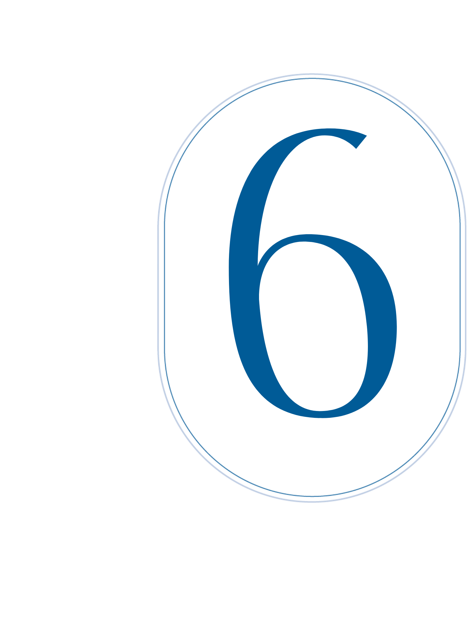 Blue oval outline containing a large blue number six.