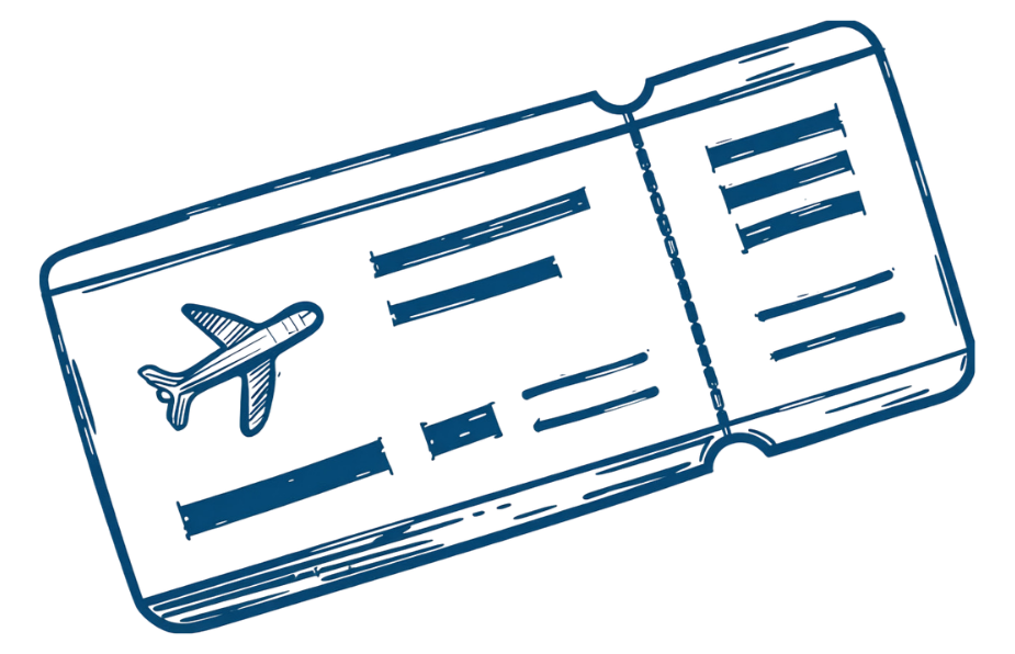 An airplane ticket with a boarding pass, and a boarding gate sign.