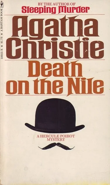 Book cover for 'Death on the Nile' by Agatha Christie, featuring a black bowler hat and mustache illustration.