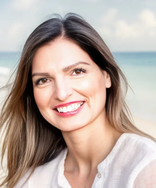 Young woman with long brown hair smiling at the beach with the ocean and sky in the background.