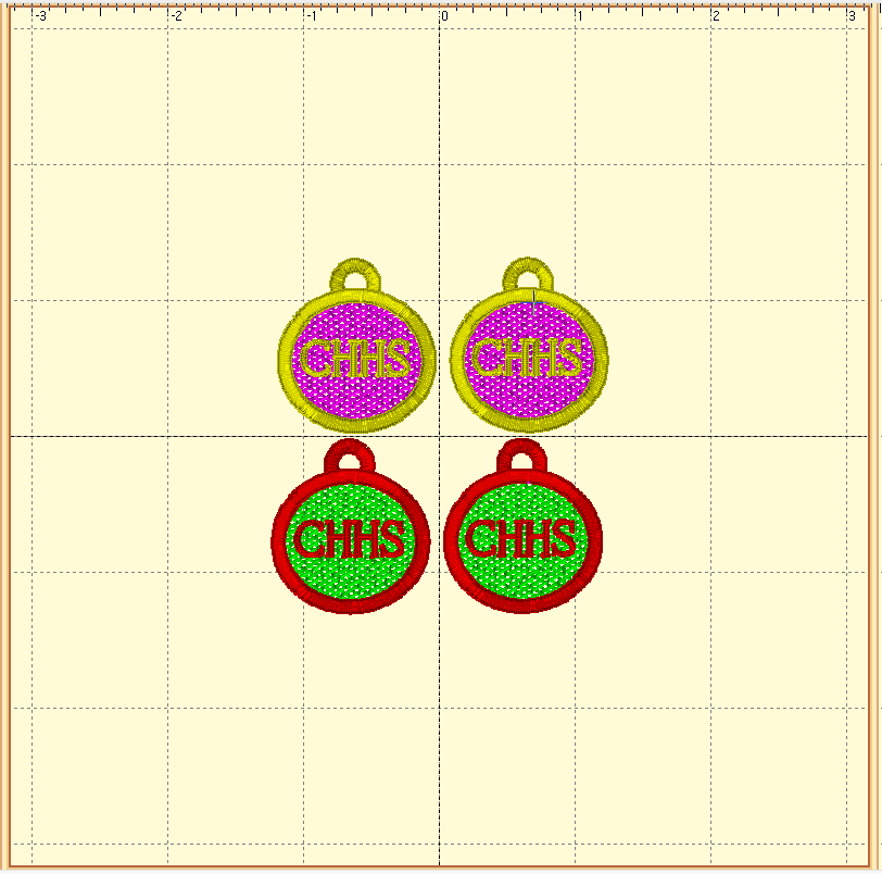 Four embroidered patches with the letters "CHHS" in the center, two with a pink background and yellow border, two with a green background and red border showing the digitizing part of embroidered earrings.