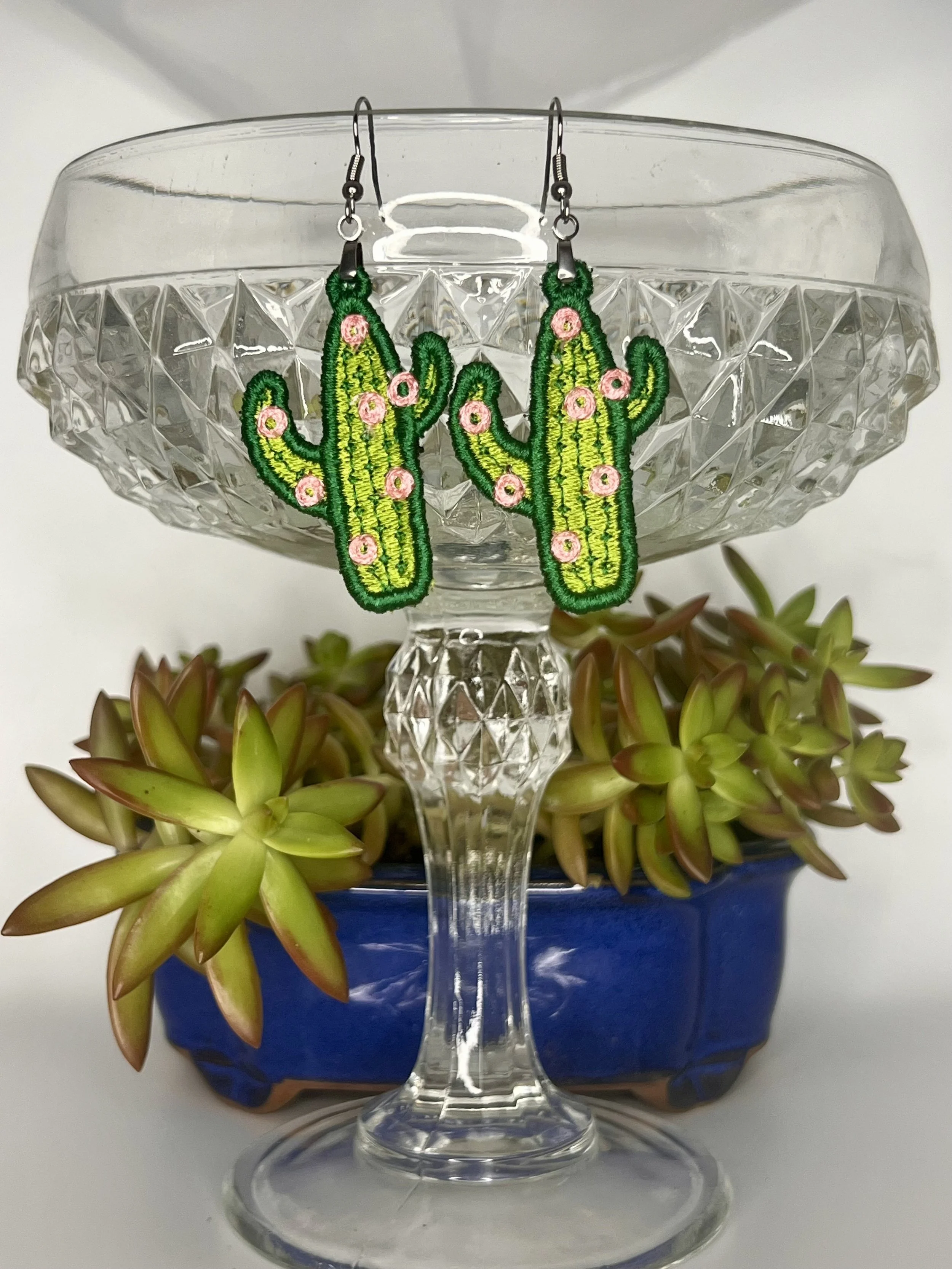 Saguaro Cactus Free-Standing Lace Earrings with Blossoms – Handmade Southwestern Jewelry