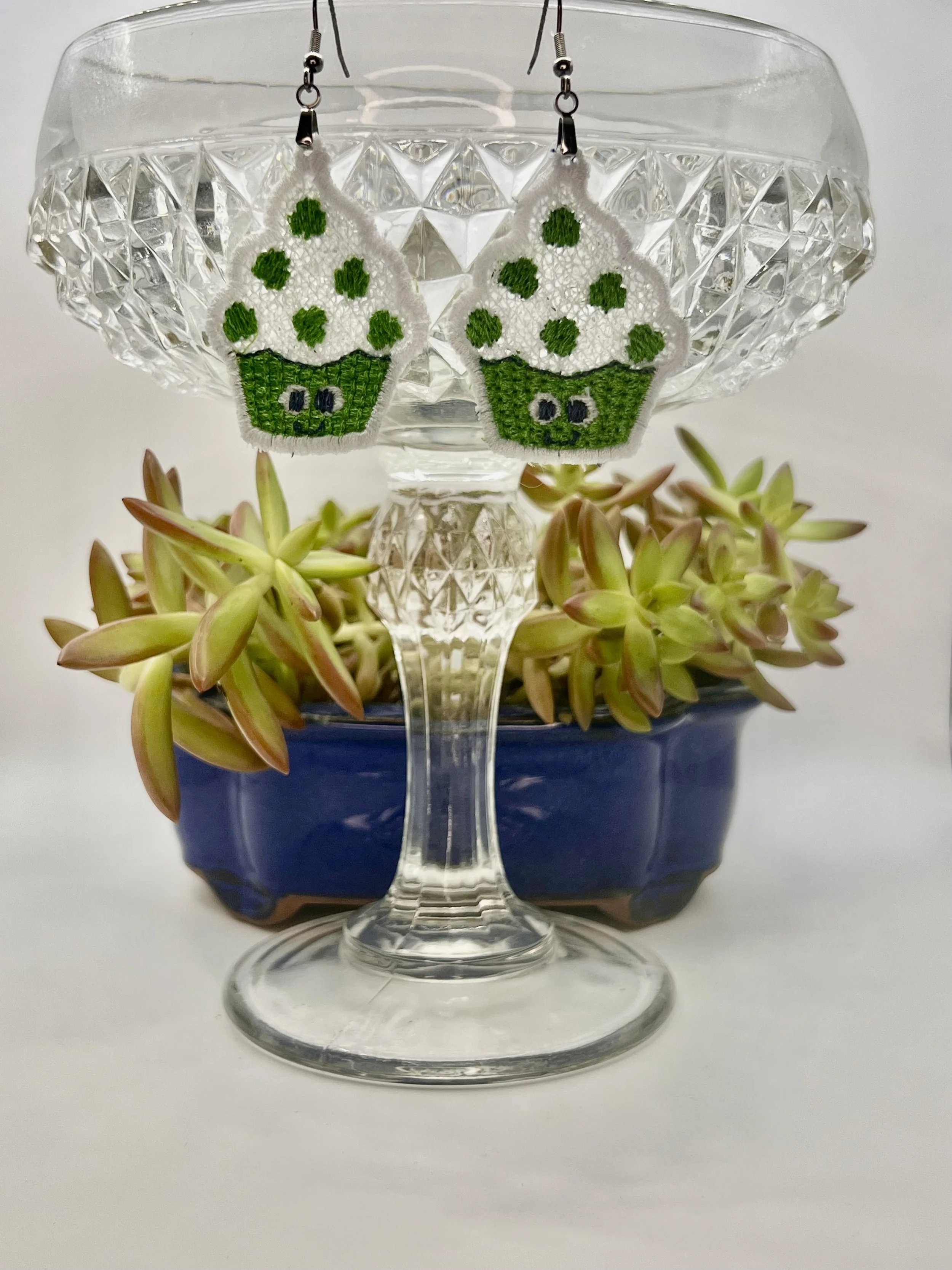 Shamrock Cupcakes Free-Standing Lace Earrings — St. Patrick’s Day Handmade Jewelry