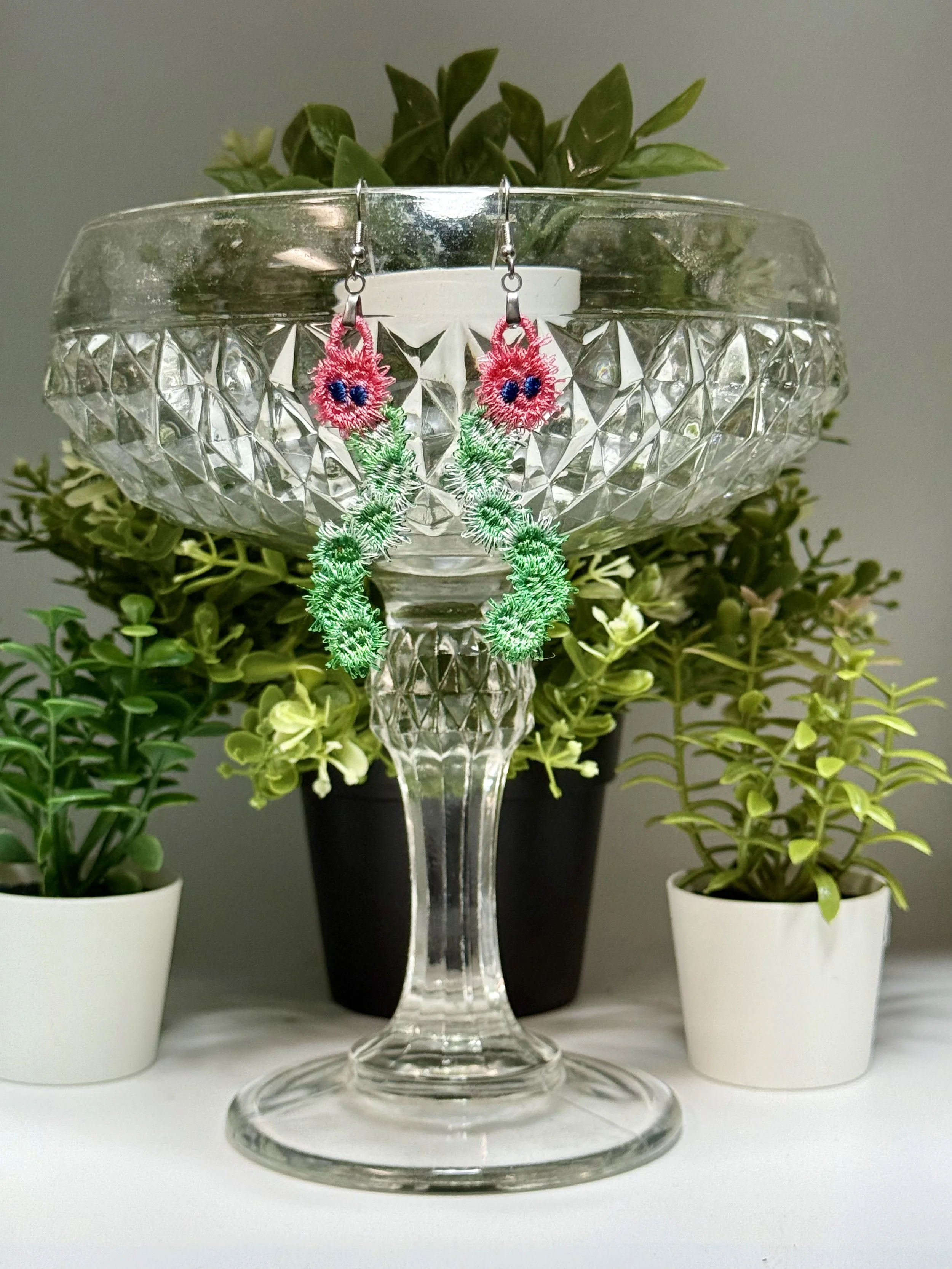 🐛 Fuzzy Caterpillar Free-Standing Lace Earrings — Handcrafted Nature Statement Jewelry