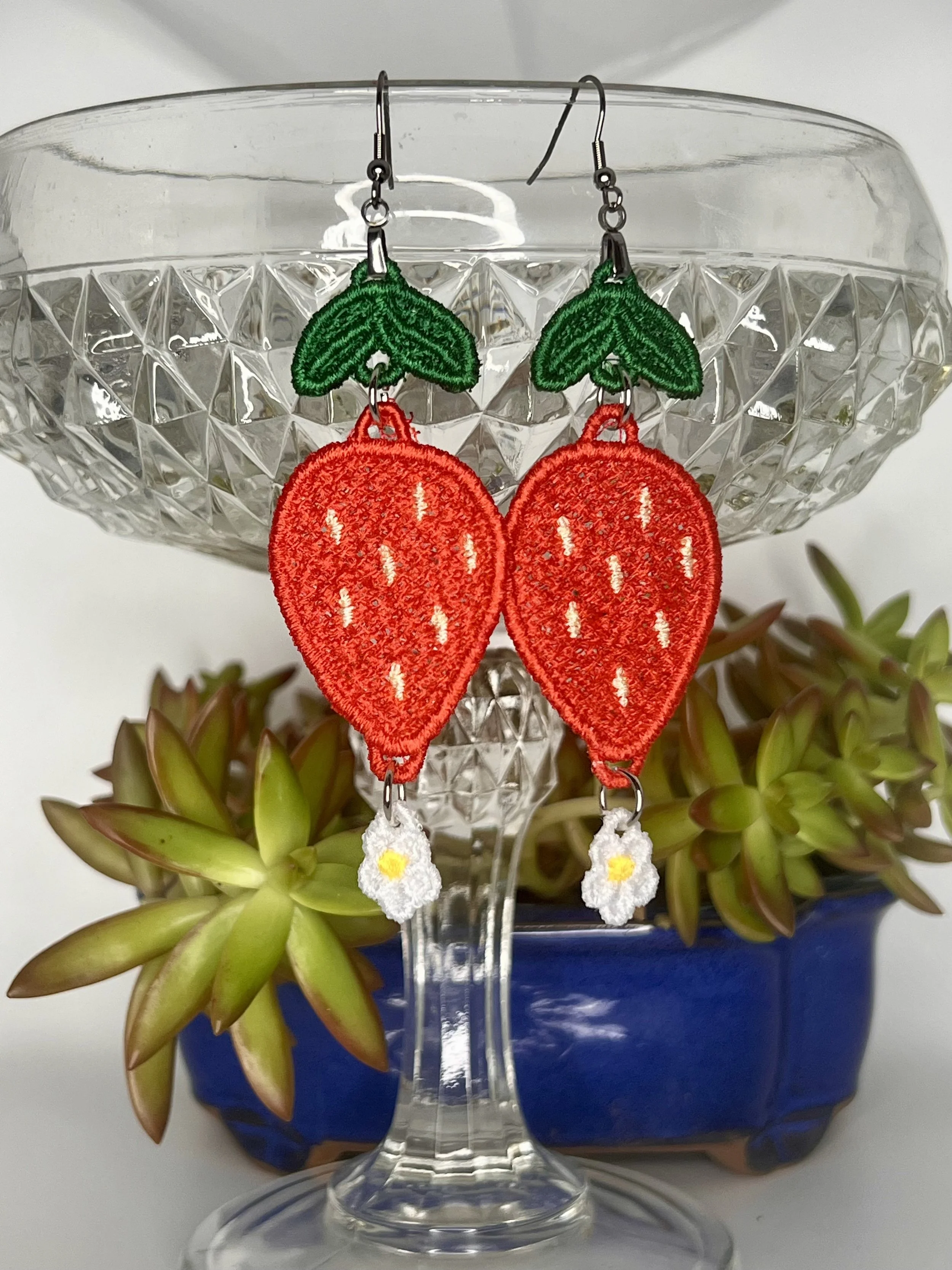 Strawberry Dangle Free-Standing Lace Earrings — Handmade Fruit Jewelry, Lightweight Summer Statement Earrings