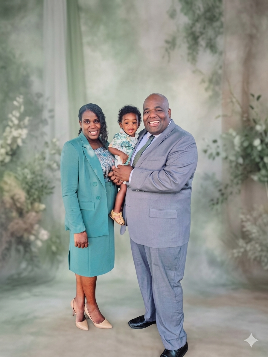 A family of three standing together and smiling in front of a green and beige floral backdrop. The woman is wearing a teal blazer and skirt with a patterned blouse, the man is in a gray suit with a white shirt and green tie, and the young girl is wearing a patterned dress, being held by the man.