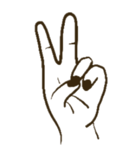 A line drawing of a hand making a peace sign with the index and middle fingers extended and the other fingers folded down.