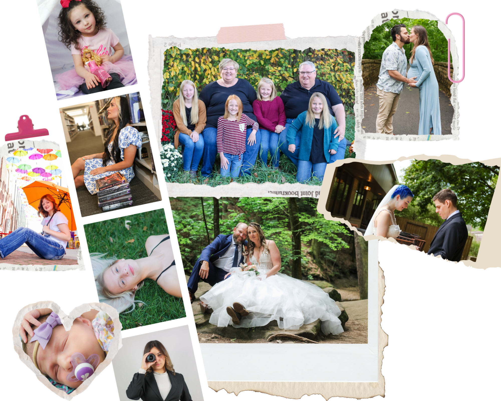 Collage of multiple photos, including a young girl holding a doll, an older woman with children outdoors, a couple kissing outdoors, a woman reading in a library, a woman with a camera, a bride and groom, a girl with an umbrella, and a baby with a pacifier, among others.