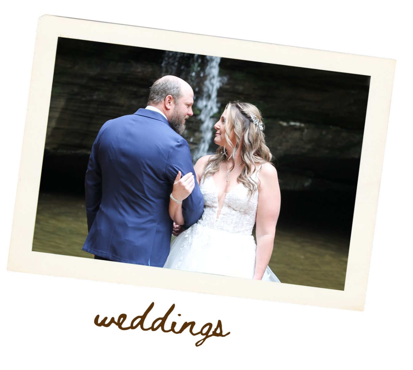 A bride and groom on their wedding day, standing close together by a waterfall, gazing into each other's eyes, with the word "weddings" written underneath.