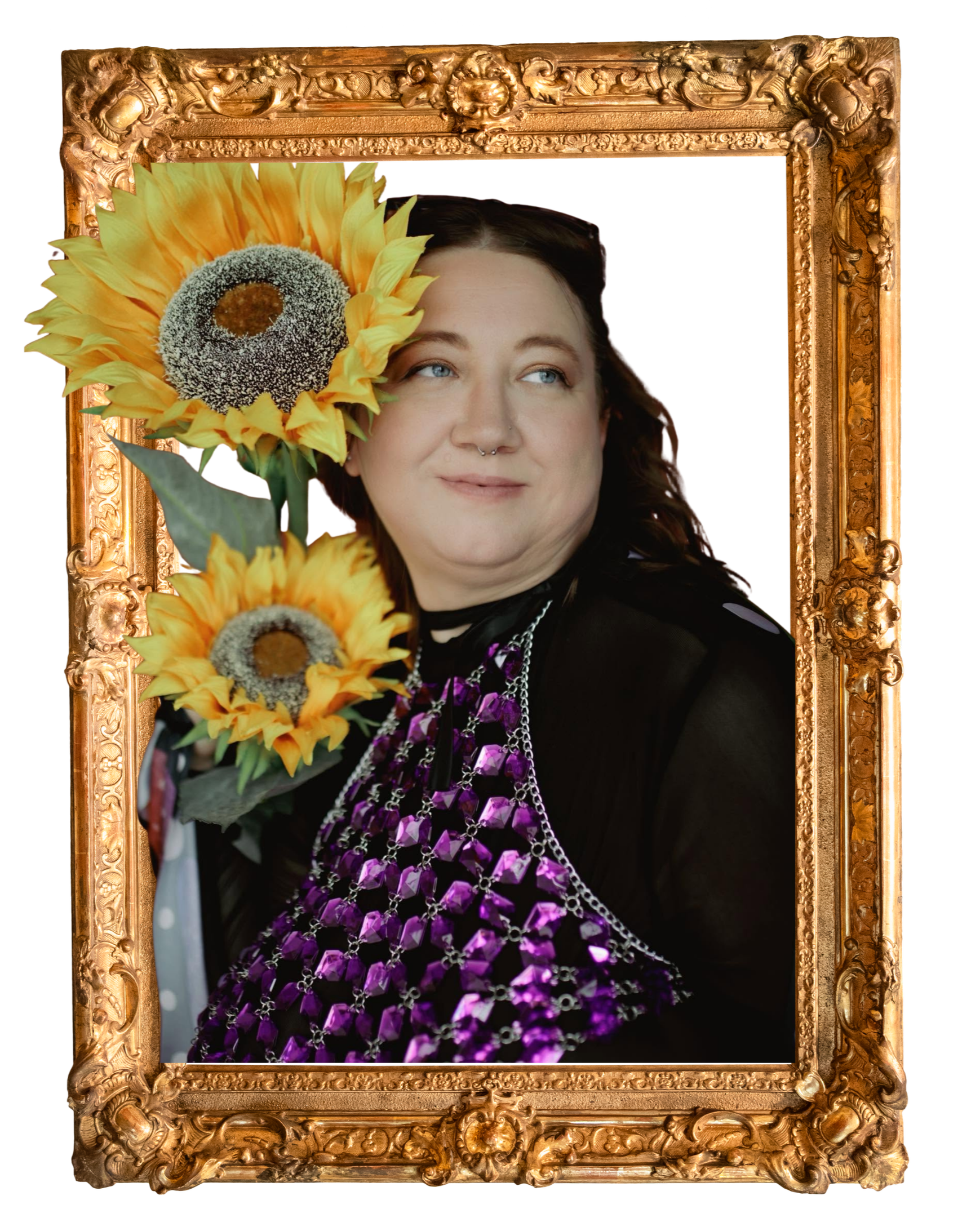 A woman with light skin, light blue eyes, and curly brown hair looking to her left, wearing a purple beaded necklace, is framed by a large sunflower with yellow petals and a dark center, all within an ornate gold picture frame.