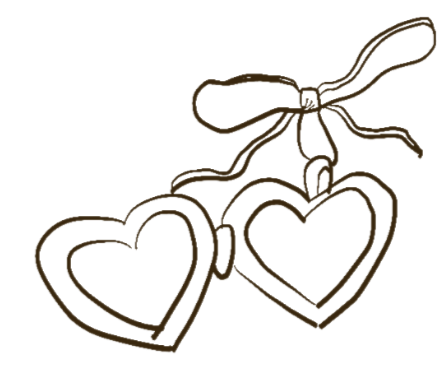 Two heart-shaped ornaments hanging from a bow.