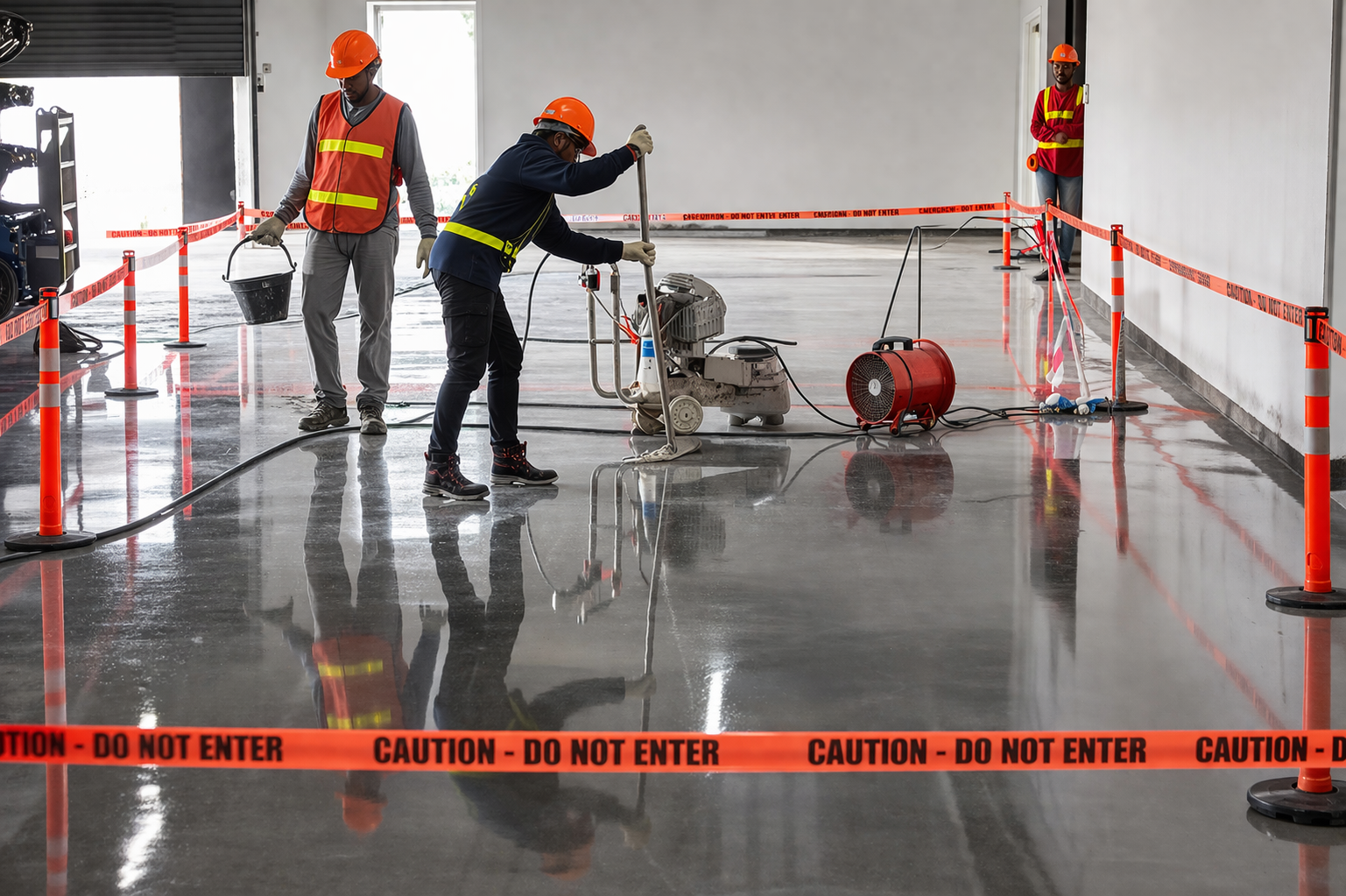 Workers applying a sealant or coating to a polished concrete floor in a construction site, surrounded by orange caution tape.