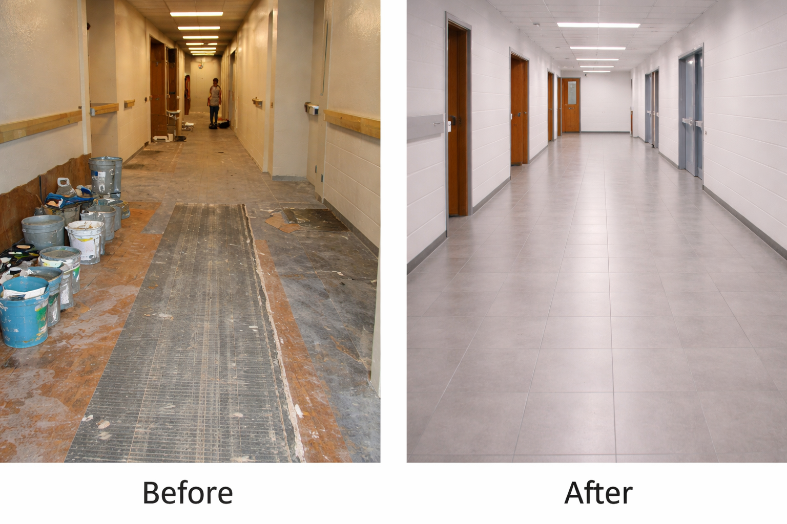 Comparison of a hallway before and after renovation. The before side shows a damaged, cluttered corridor with paint cans and debris on the floor. The after side shows a clean, finished hallway with light gray tiles and white walls.