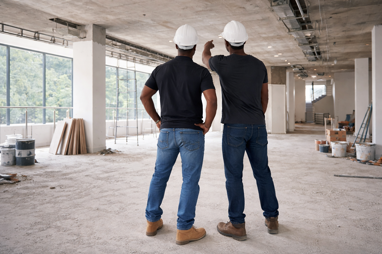 Two construction workers wearing white safety helmets and black T-shirts stand inside an unfinished building, having a discussion while looking at the ceiling.