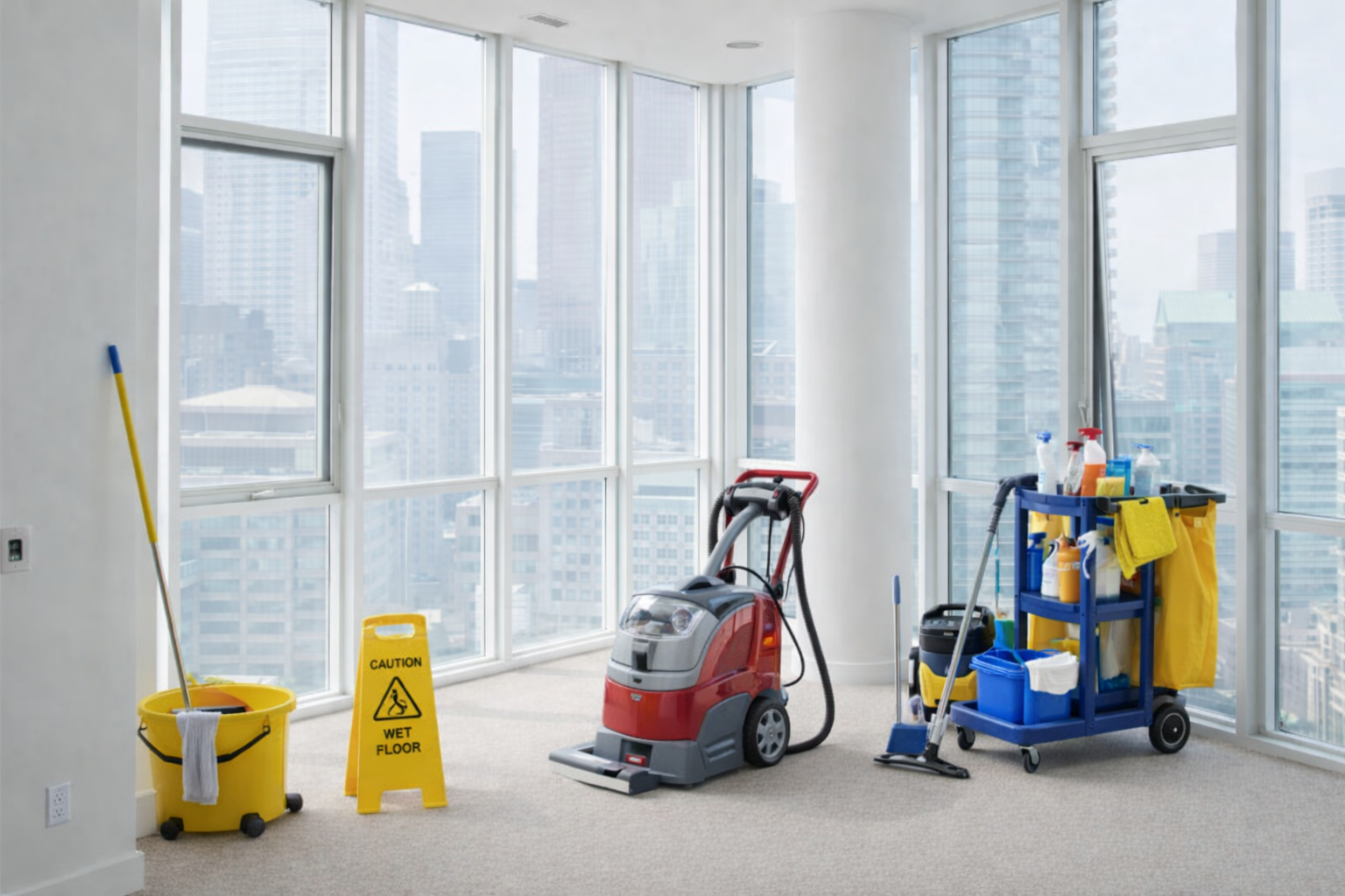 Commercial cleaning supplies in a high-rise office with large windows, including a yellow mop bucket with mop, caution wet floor sign, carpet cleaning machine, blue cleaning cart with various cleaning products, sprays, cloths, and a yellow trash bag.