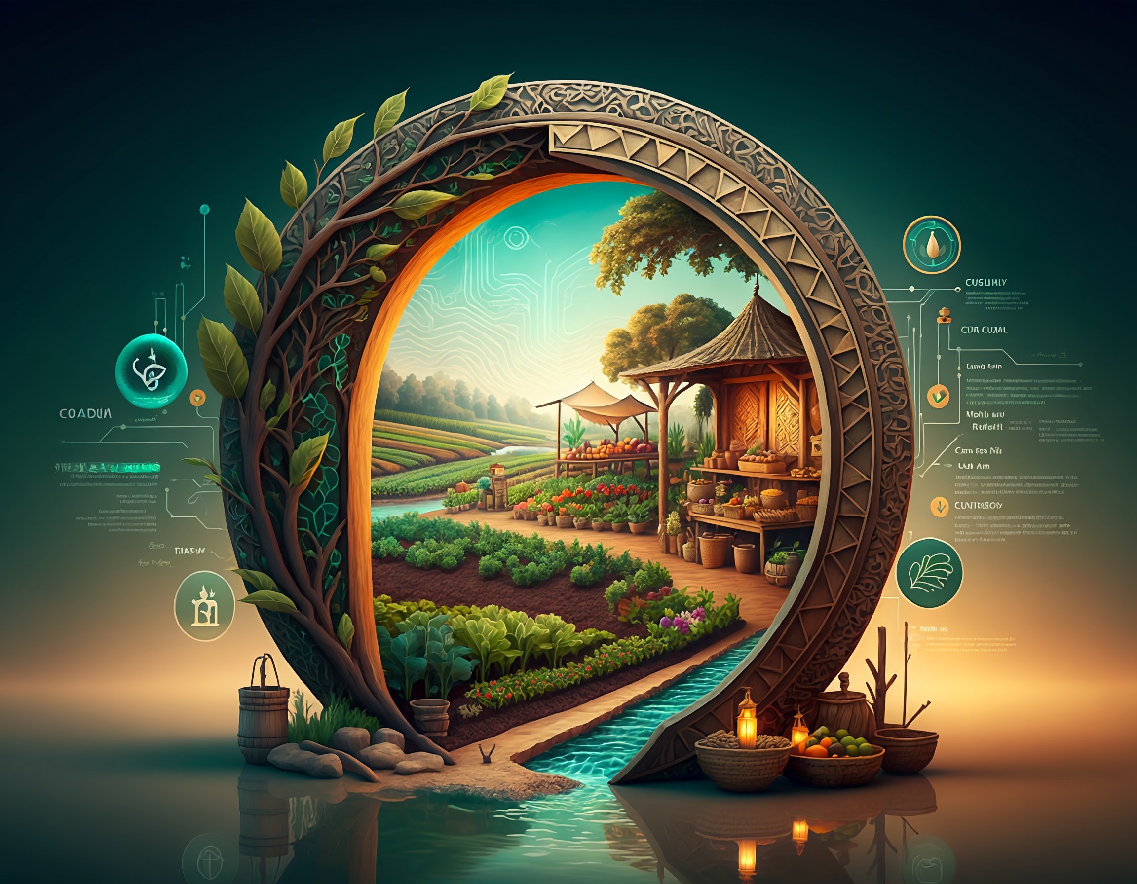 Circular portal into a regenerative farming landscape blending agriculture, water systems, and digital interface symbols, representing wealth reclamation and ecological transition out of capitalist extraction.