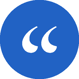 A blue circle with white quotation marks inside.