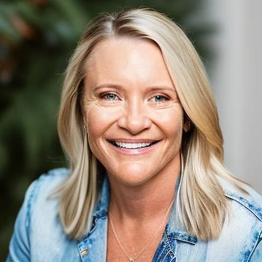 Photo of Megan smiling at the camera. She wears a denim blue collared shirt and has blonde, shoulder-length hair.