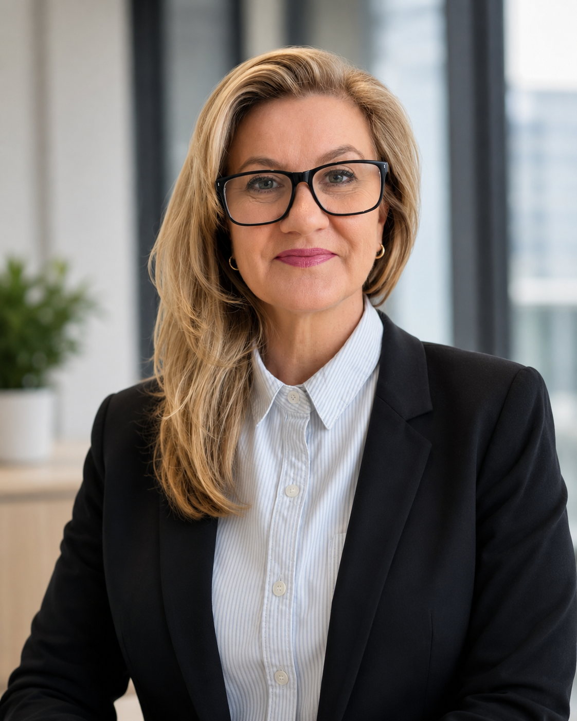 Photo of Pia smiling at the screen. She has long blonde hair and wears glasses, a black blazer and white collared shirt.
