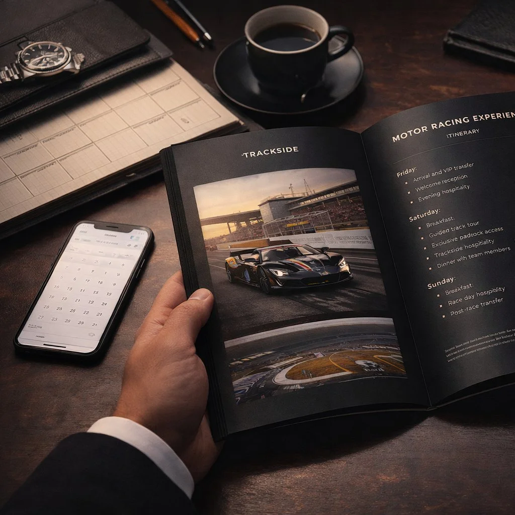 A person holding a racing event itinerary booklet open to a page featuring a photograph of a black racing car on a track, with detailed race schedule and activities listed for Friday through Sunday. The table includes a cup of black coffee, a smartphone, a wristwatch, pens, and some documents on a wooden table.