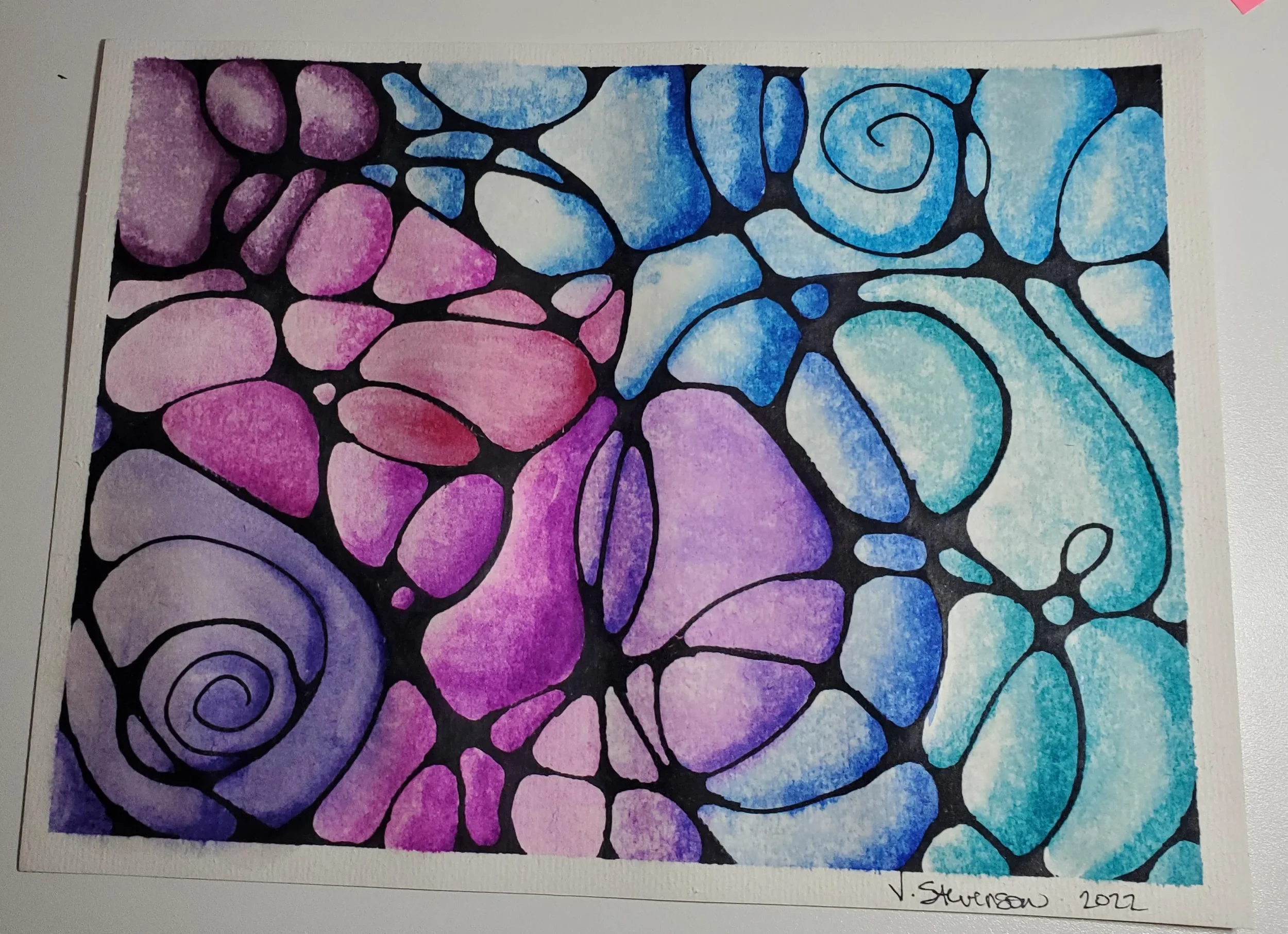 Abstract watercolor painting with black outlines and soft shades of pink, purple, blue, and turquoise, signed by V. Swenson 2022.