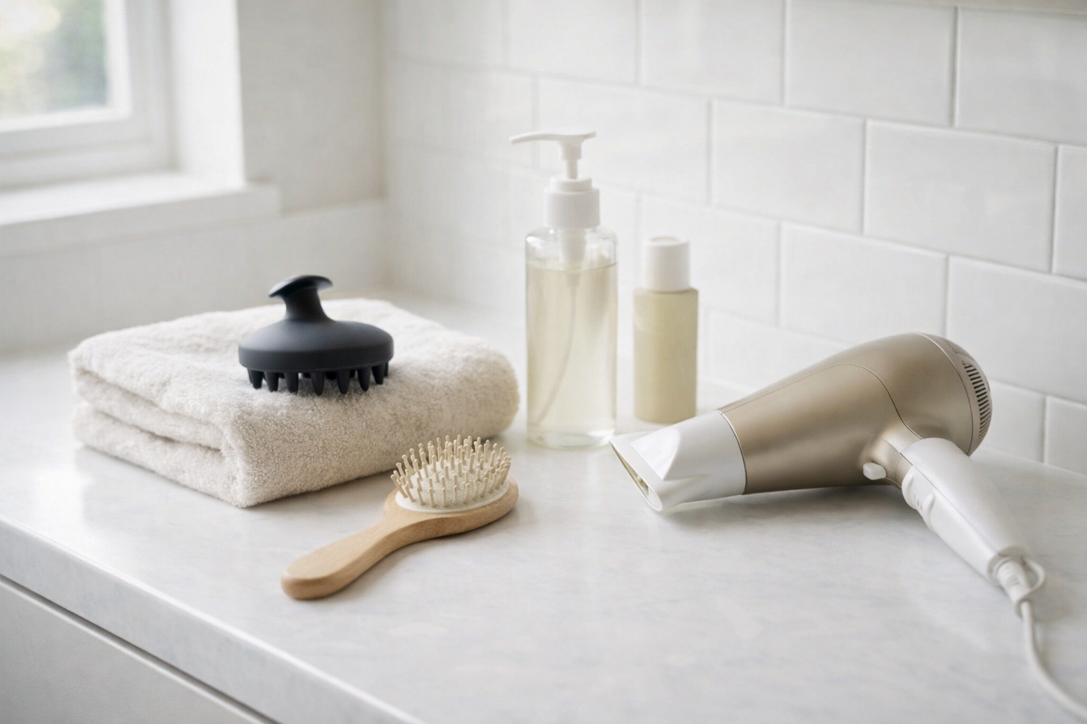 Minimal bathroom counter with hair tools and skincare items arranged for a morning of self-care routine.