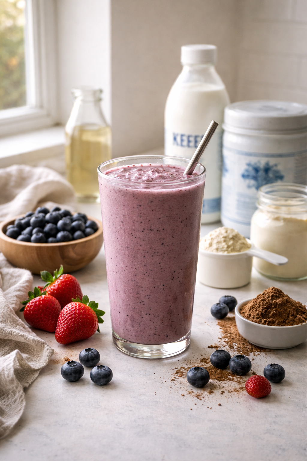 High-protein berry smoothie with blueberries, strawberries, Greek yogurt, kefir, protein powder and cocoa powder on a kitchen counter