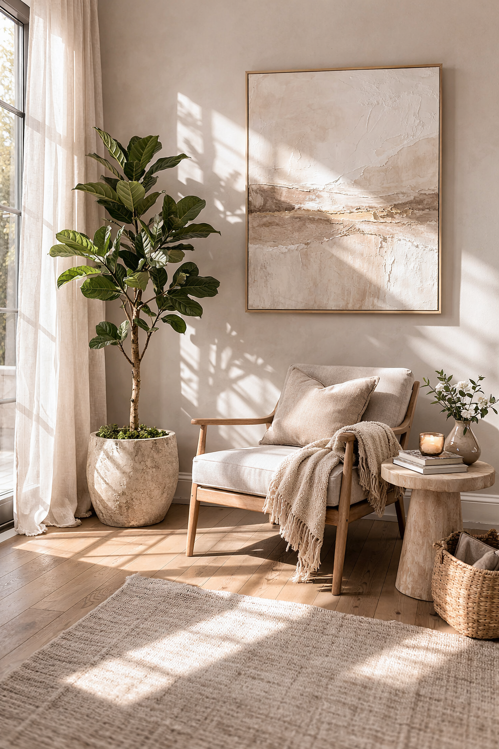 sunlit neutral living space with textured abstract wall art, and upholstered bench, a potted olive tree, and a soft morning light casting shadows on plasster walls.