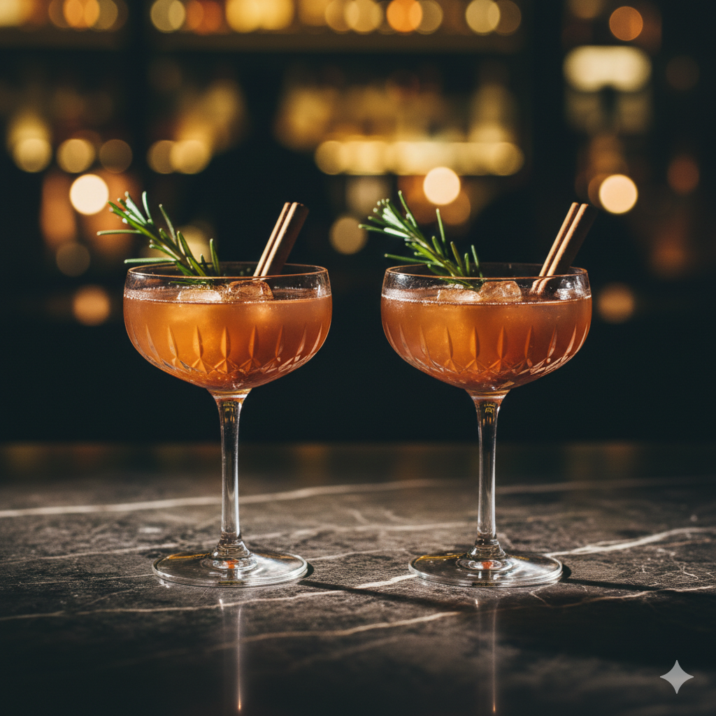 Two amber colored mocktails in cut glass coupe glasses garnished with rosemary sprigs and cinnamon sticks, set on a dark marble bar with warm, blurred lights in teh background.