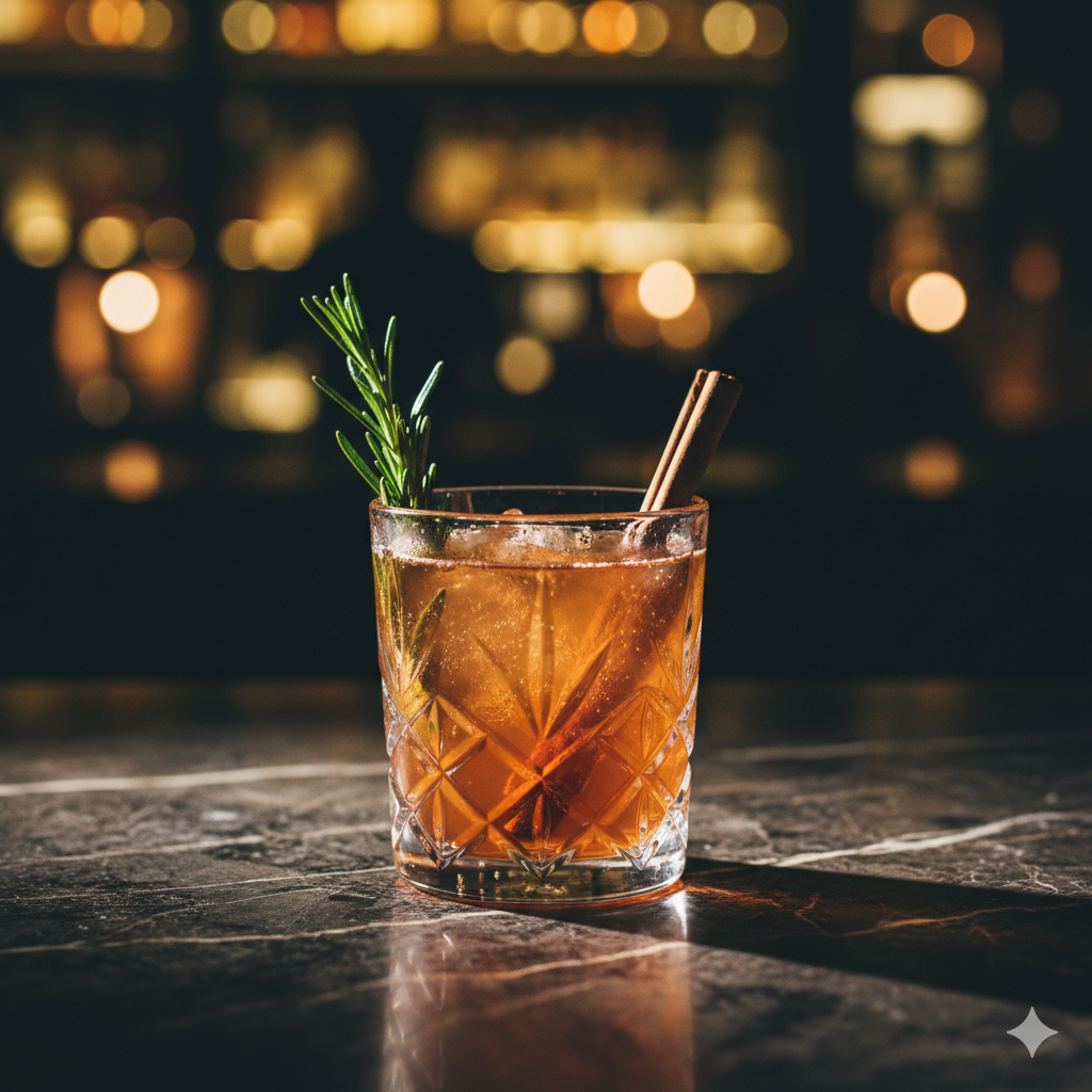Amber mocktail with ice, rosemary sprig and cinnamon stick in vintage cut glass on a dark marble bar, with warm golden bar lights softl blurred behind them.