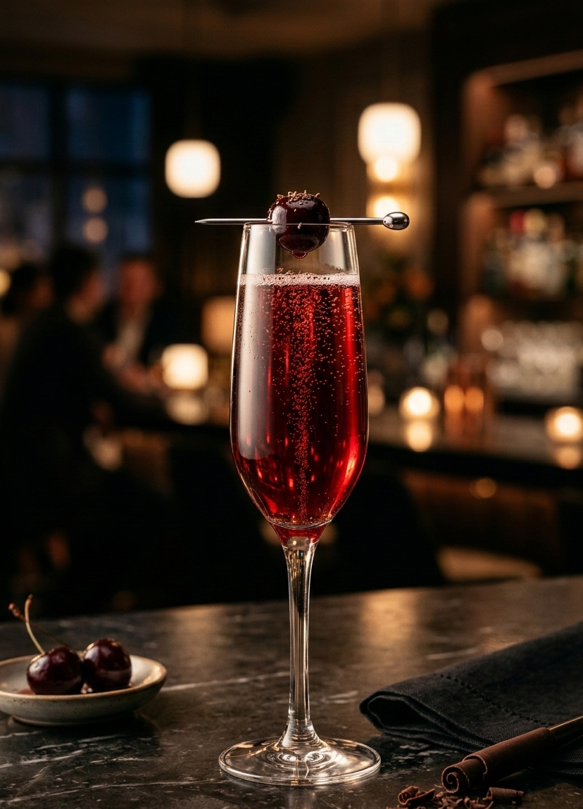 Champagne flute filled with a ruby red sparkling cherry cocktail topped with a brandied cherry on a cocktail pick, set on a dark mable bar with warm candle light and a softly blurred lounge background