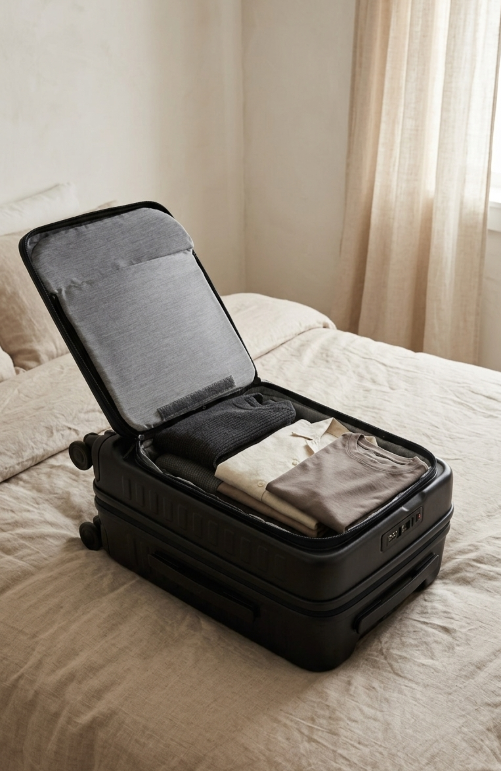 A trunk-style carry-on suitcase neatly packed with neutral clothing on a soft linen bed. A minimalist, intentional packing approach designed for efficient and refined travel.