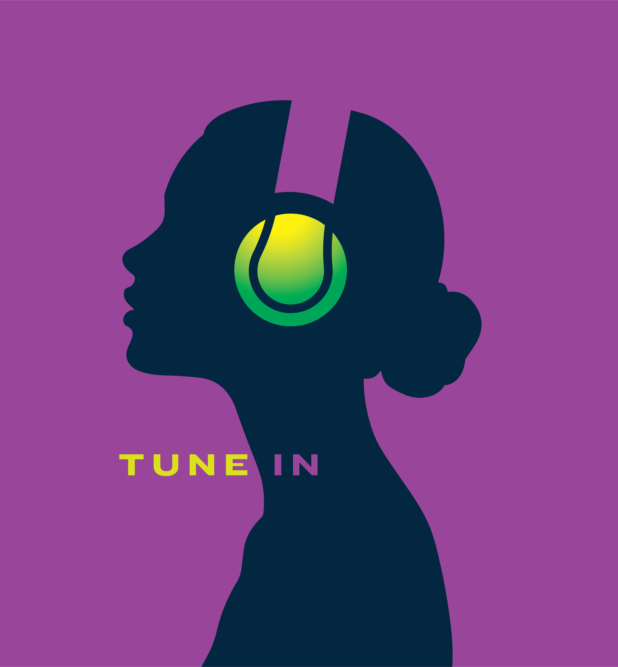 Silhouette of a woman with her hair in a bun, wearing headphones, on a purple background with the text "TUNE IN" underneath.