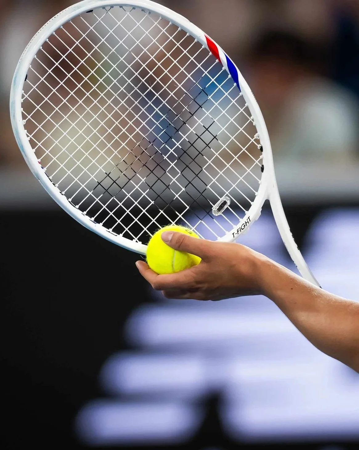 Close-up of a person holding a yellow tennis ball and a white tennis racket with a blurred background.