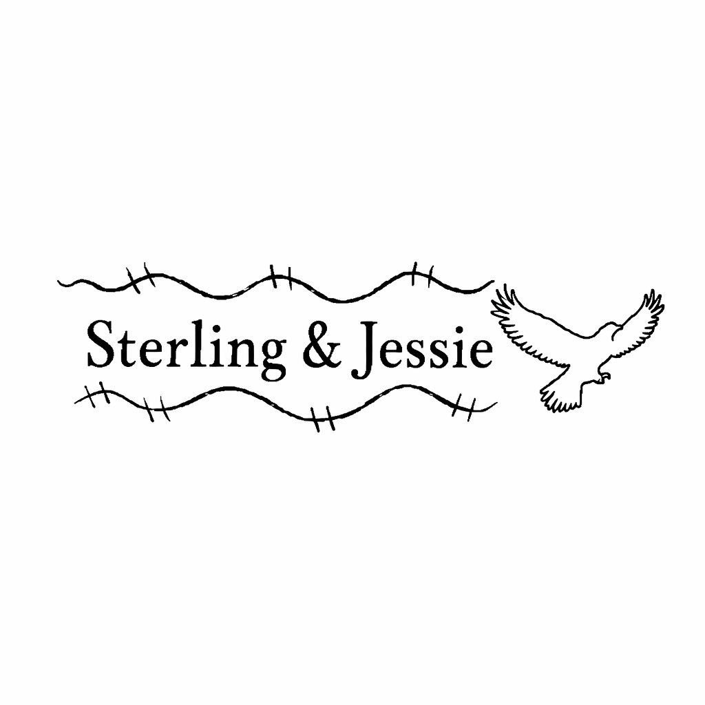 A black and white illustration featuring the text "Sterling & Jessie" with barbed wire and a flying bird.