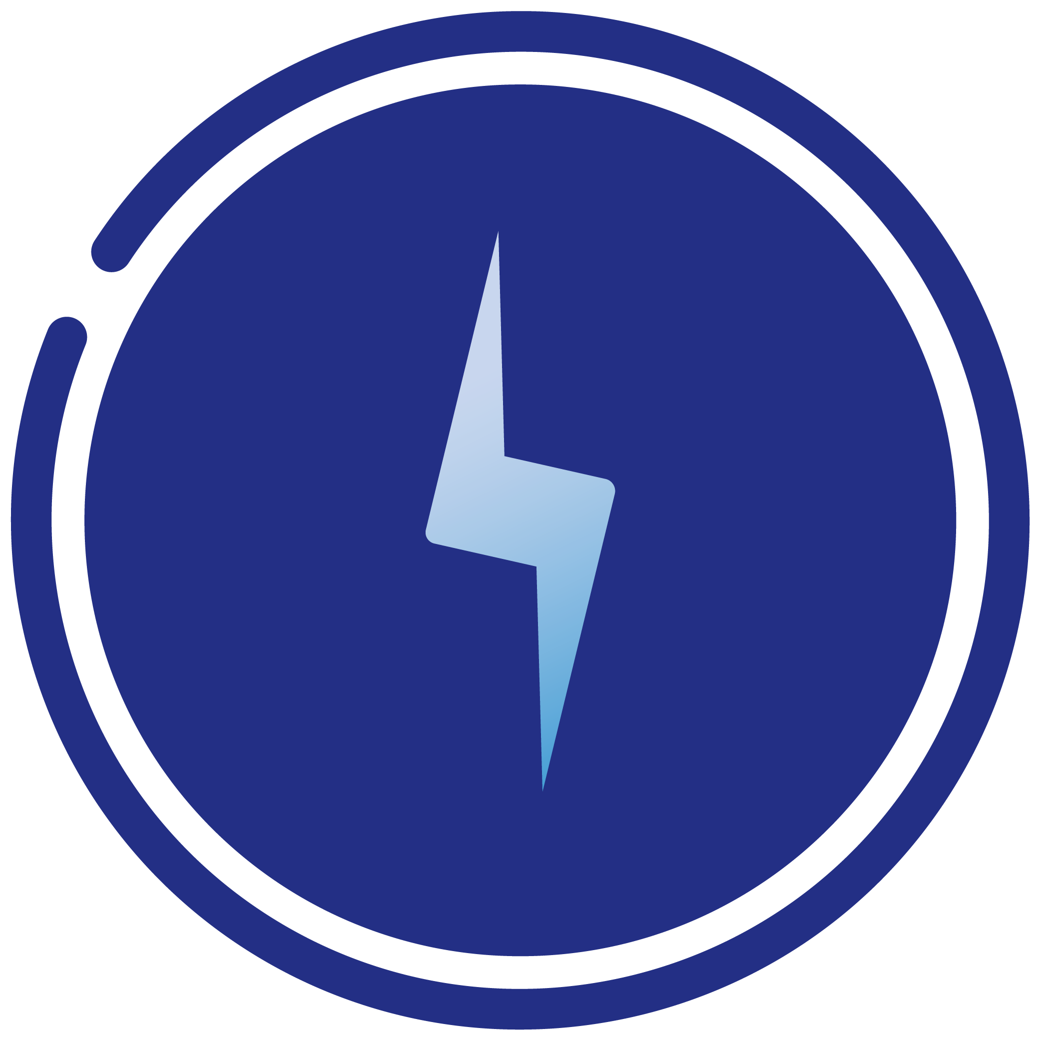 Close-up of a blue vehicle's battery with a lightning bolt symbol in the center.