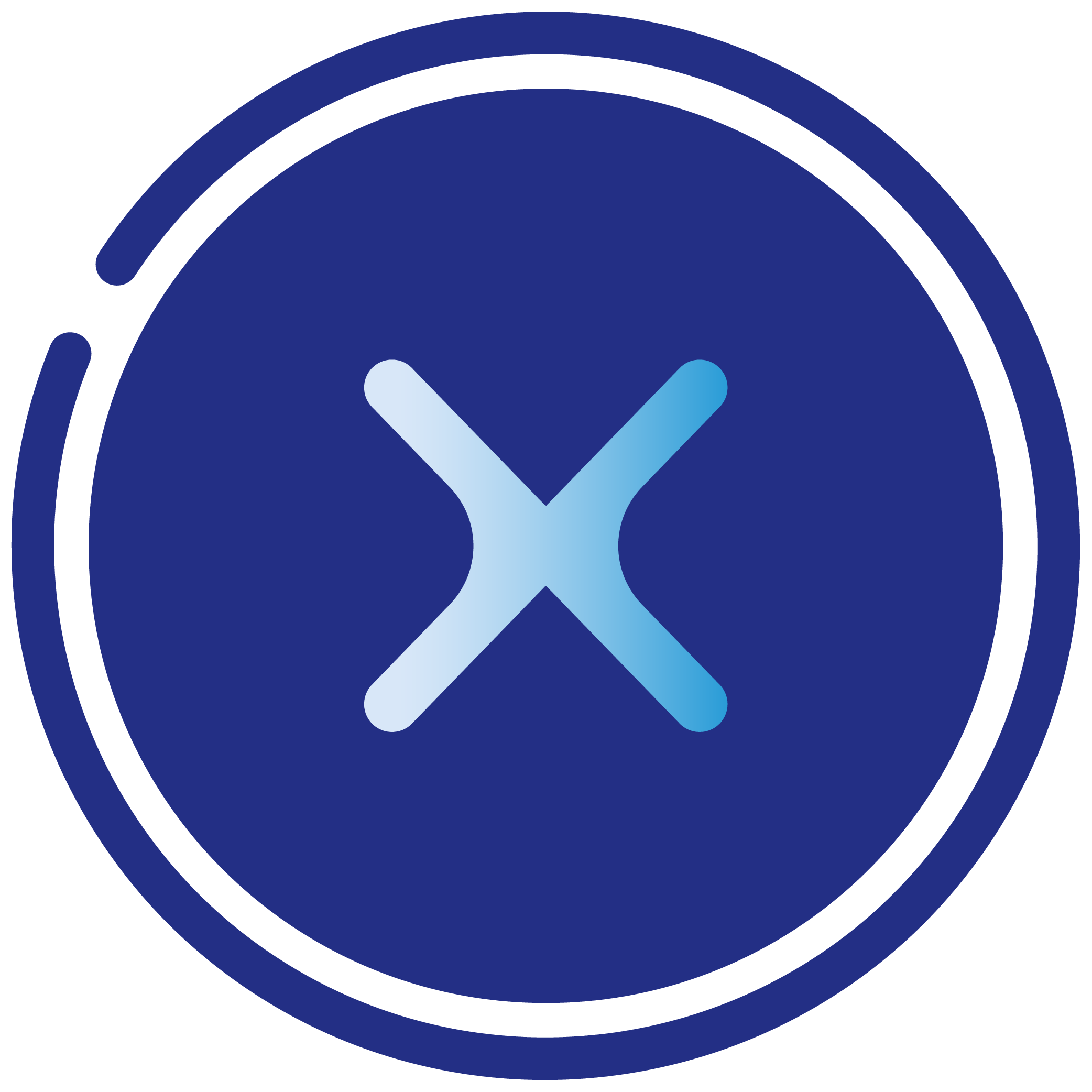 A circular button with a blue background and a white 'X' in the center, surrounded by two concentric rings in darker shades of blue.