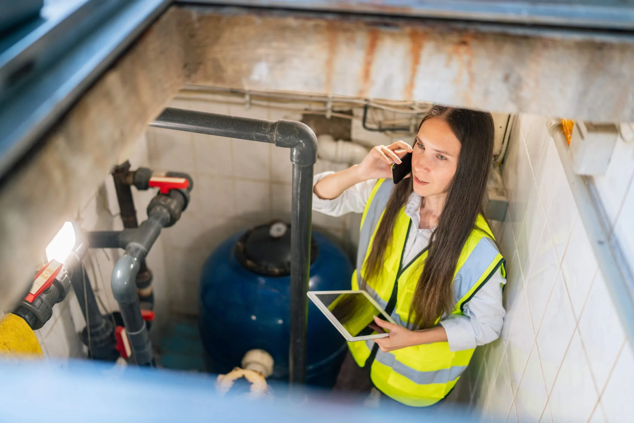 A woman in a high-visibility vest talking on her cellphone and holding a tablet, standing in a small service room with plumbing equipment and a large blue water filter tank.