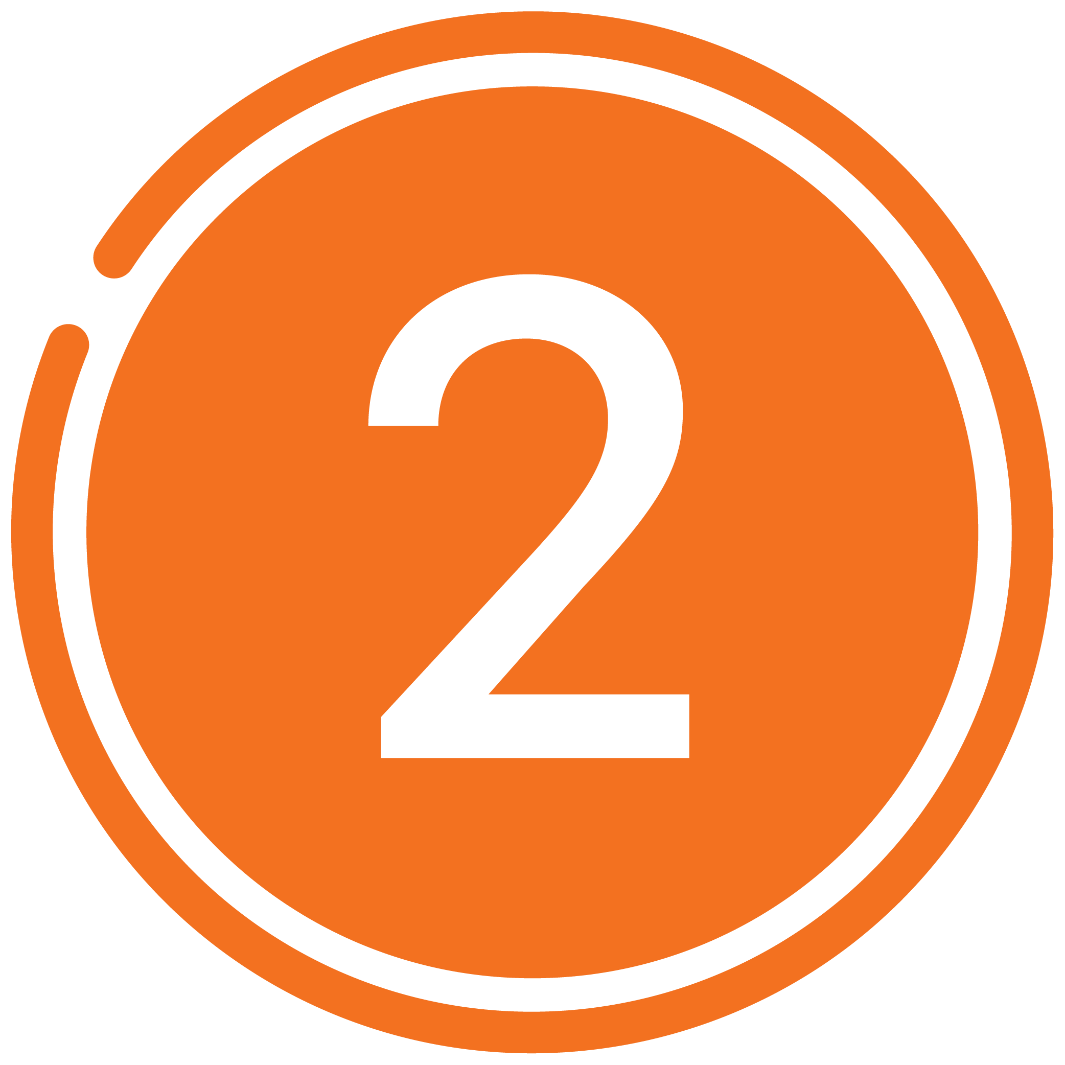 Orange circular button with the white number 2 in the center, black outline, and a small black arc on the top left.