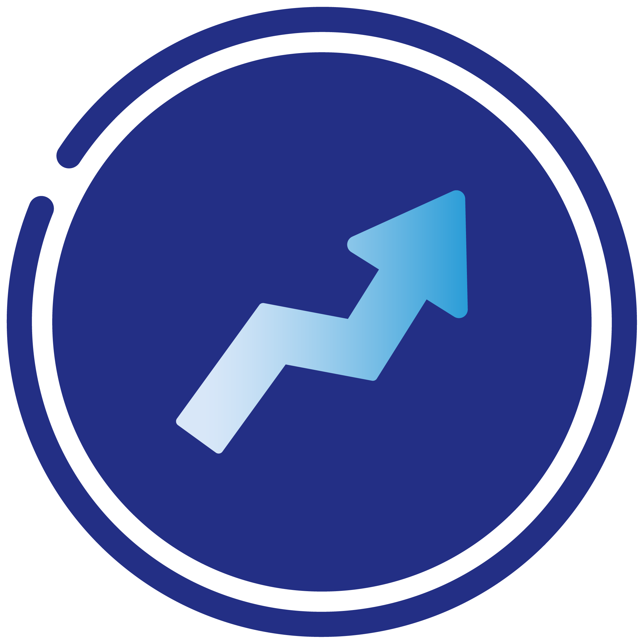 Blue circular graphic with a white upward trending arrow, representing growth or progress.