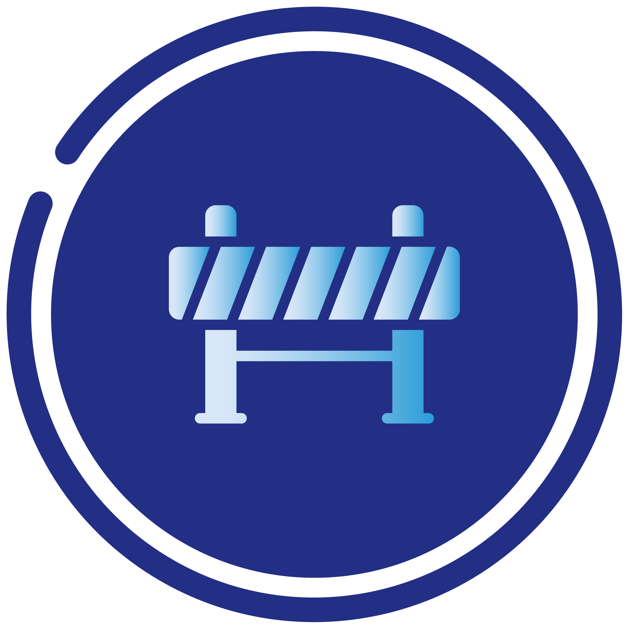 Icon of a city street barricade with blue and white stripes inside a circular blue background.