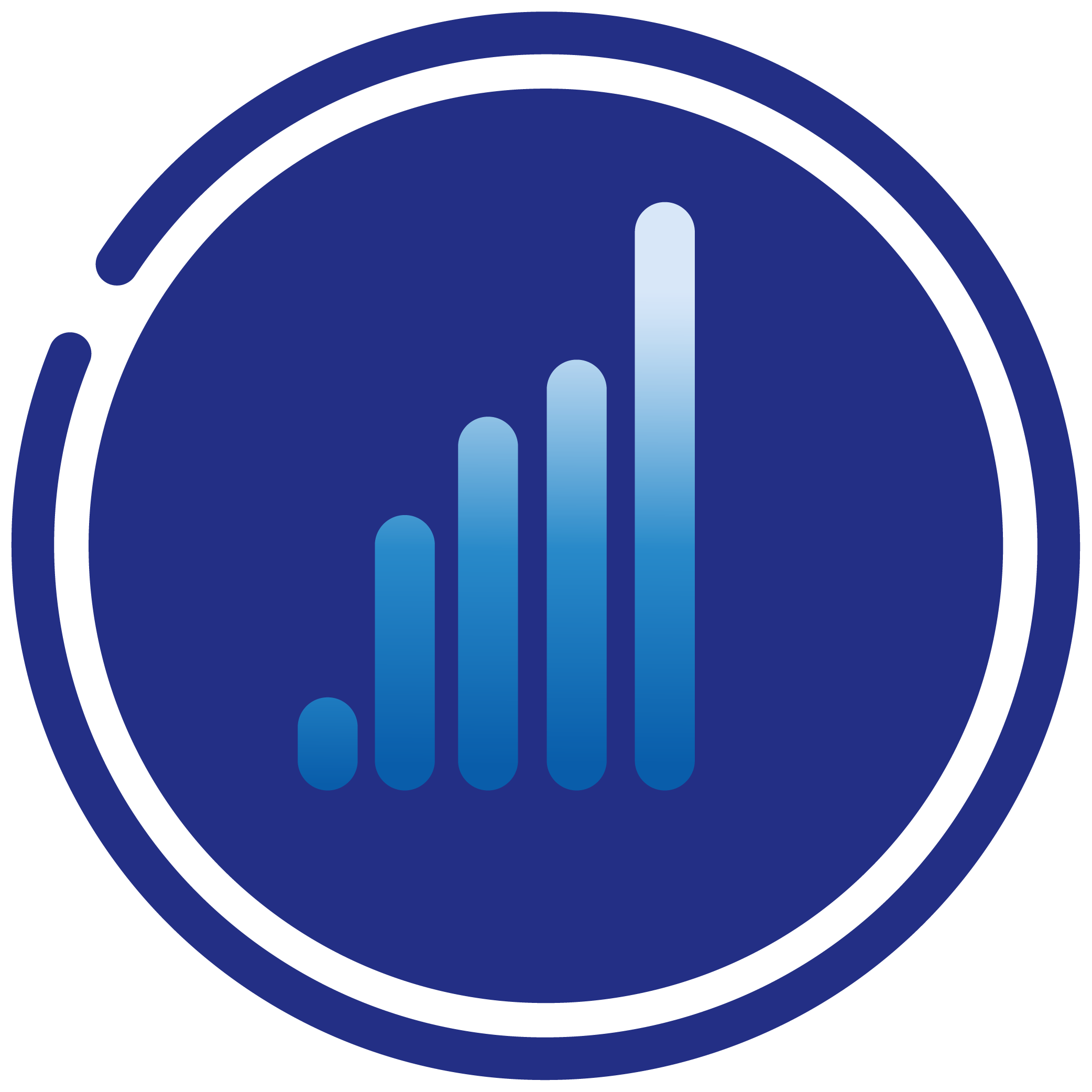 Blue circular icon with rising bar graph in the center
