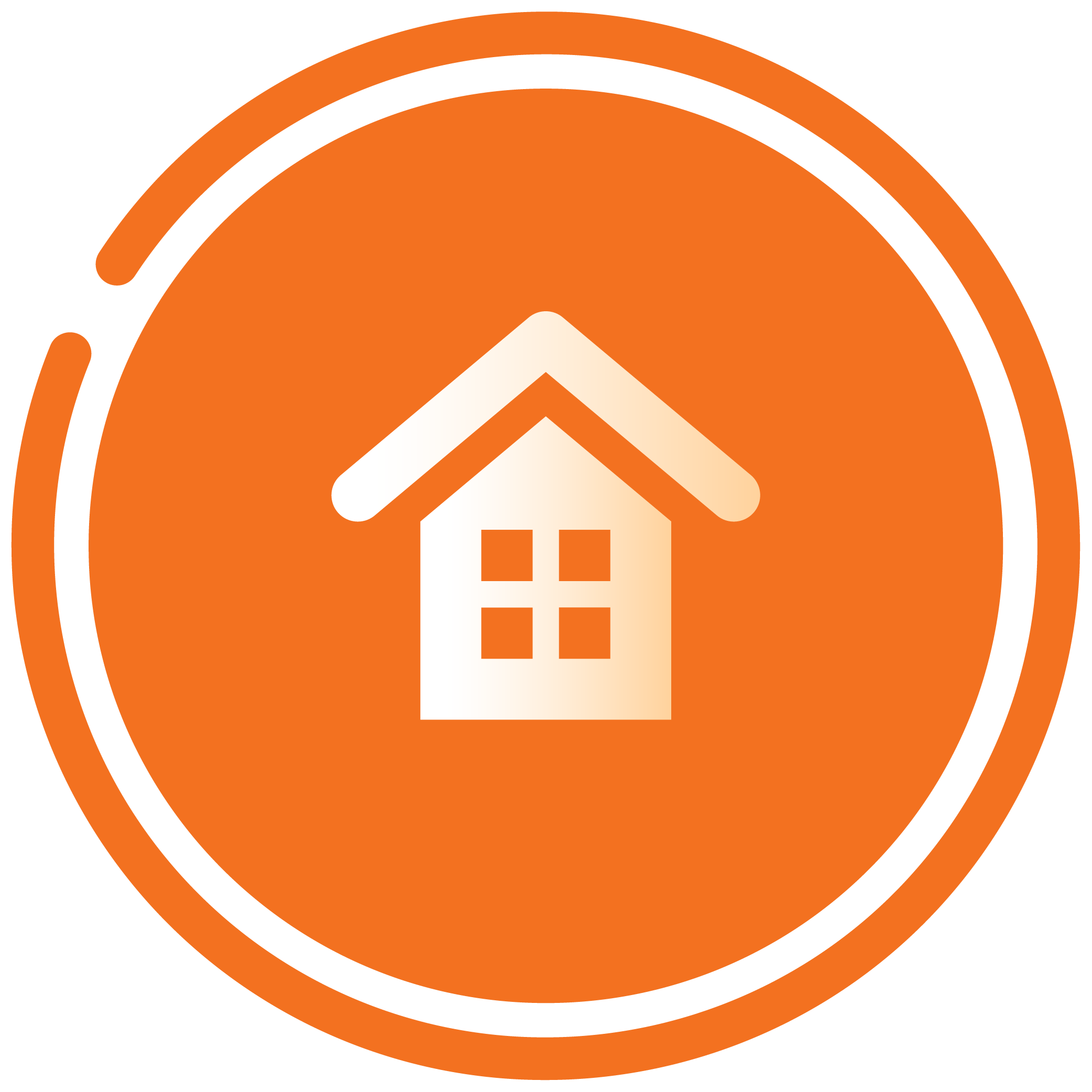 Smart home control icon with a house symbol inside an orange circle.