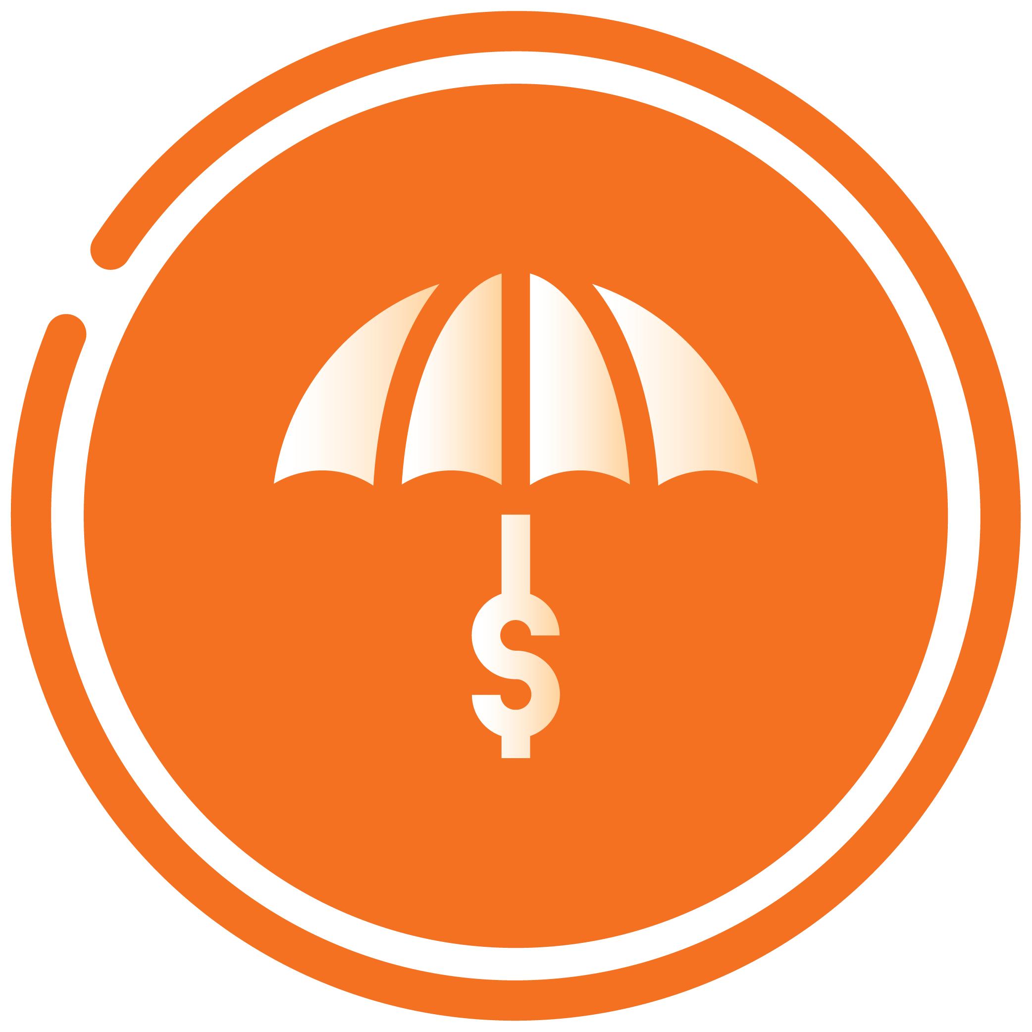 Orange circular icon with a white umbrella, a dollar sign hanging from the umbrella, and concentric circles around the icon.
