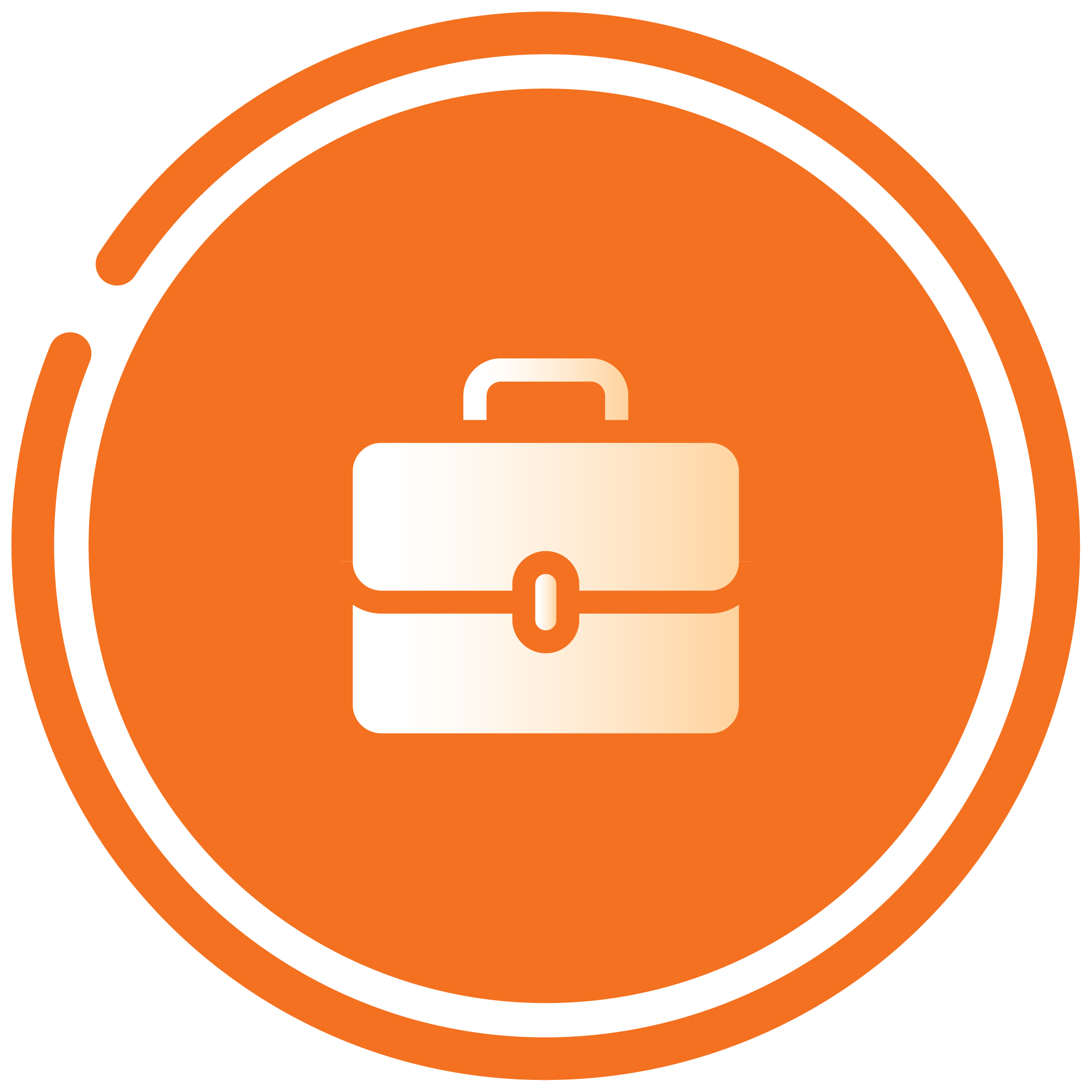Icon of a briefcase inside an orange circular background with a two-tone border.
