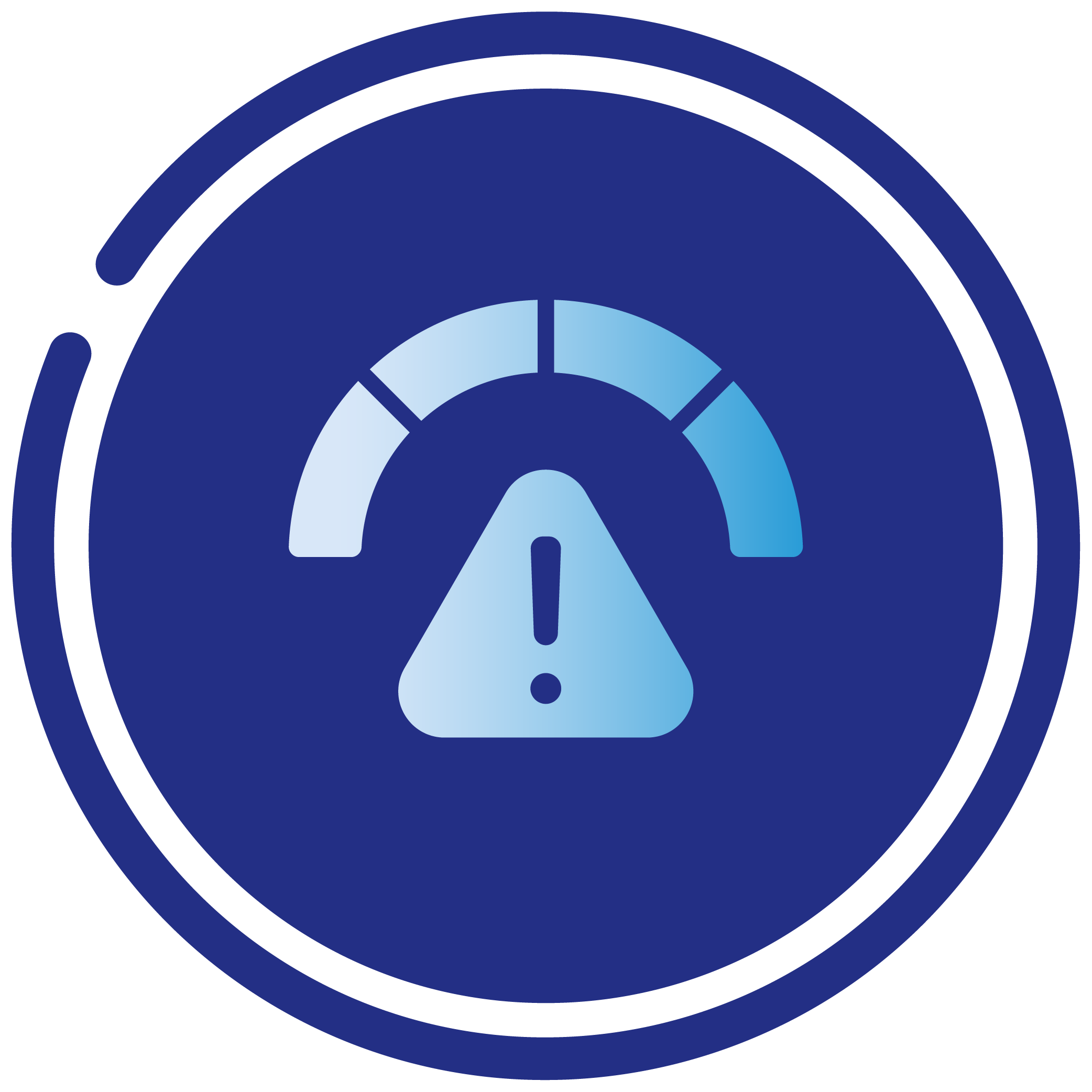 A circular warning indicator with a target-like gauge and a central exclamation mark inside a triangle, all in shades of blue and black.