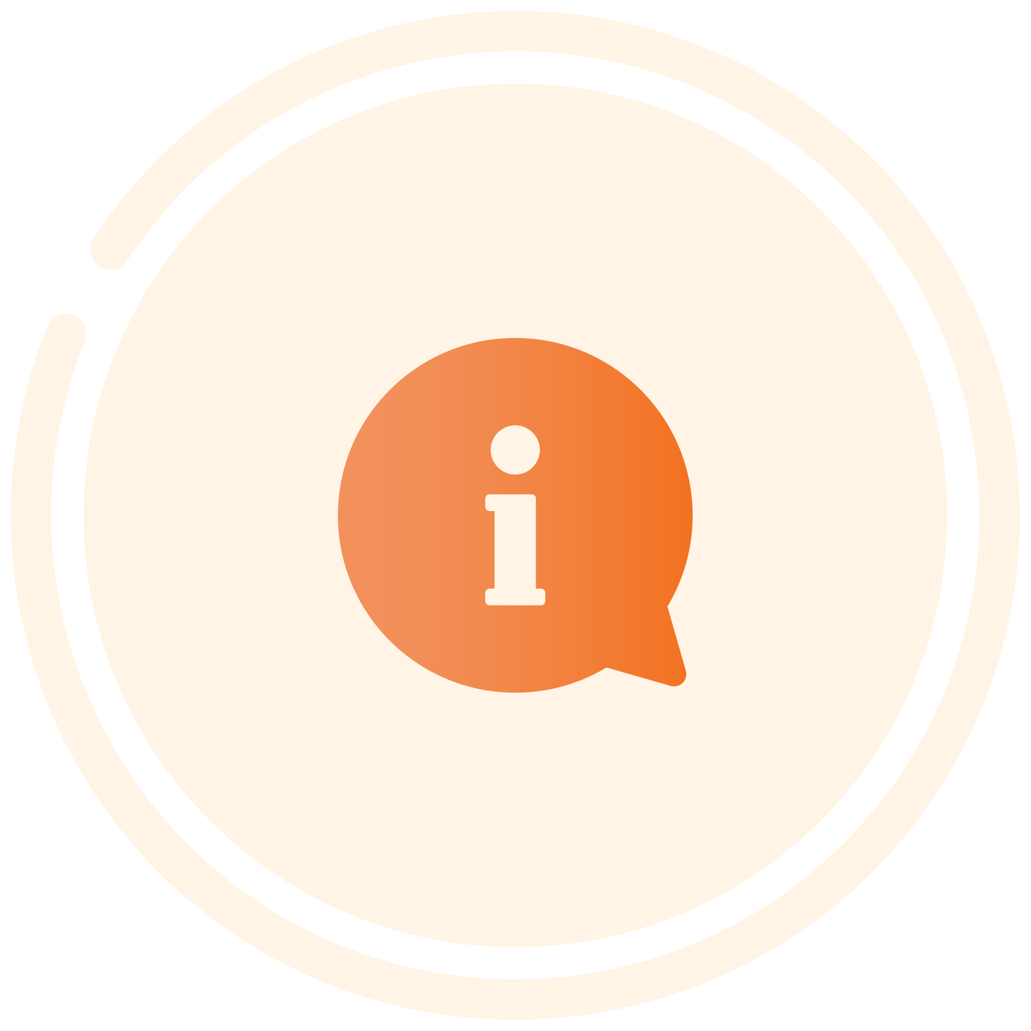 Information icon inside a speech bubble, with a circular border and a beige background.